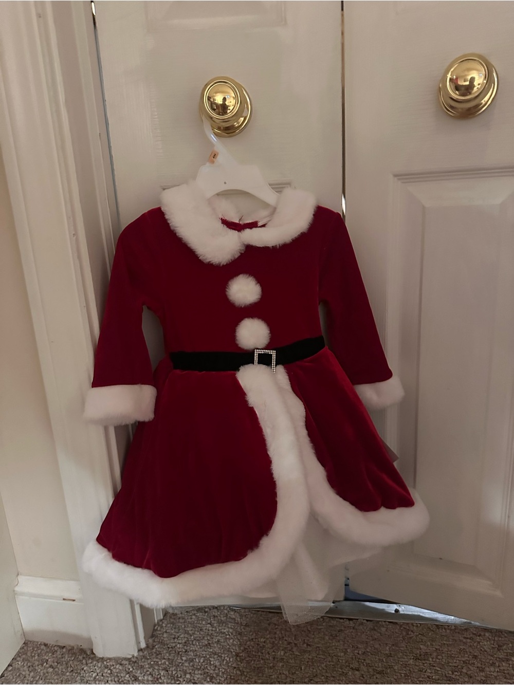 Blueberi Boulevard Red Velvet Holiday Dress with White Faux Fur Trim
